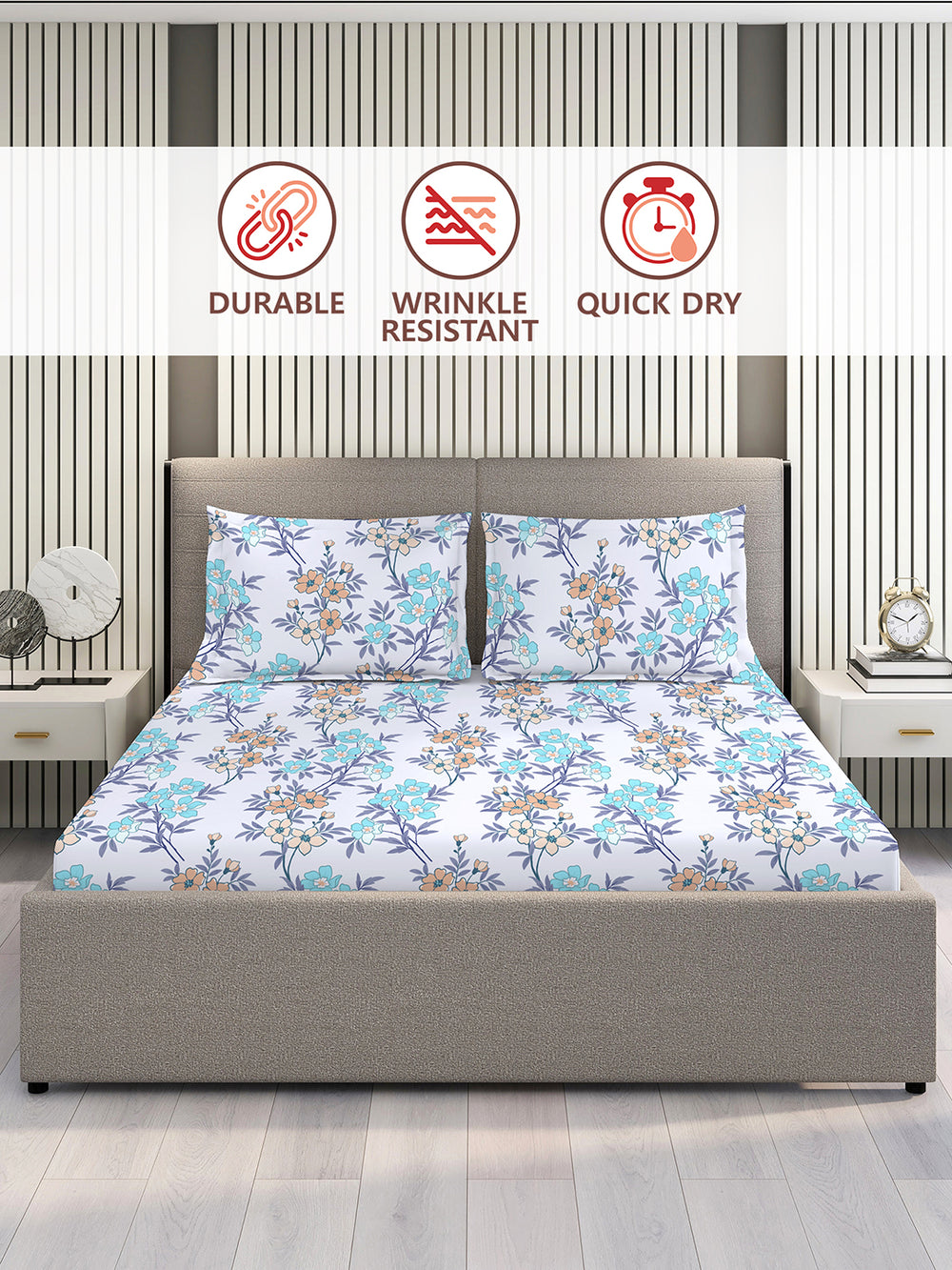 BasicX 100% Cotton 120 TC Blue Floral Double Size Bedsheet with 2 Pillow Covers