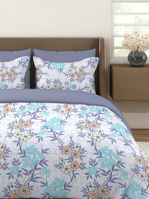 BasicX 100% Cotton 120 TC Blue Floral Double Size Bedsheet with 2 Pillow Covers