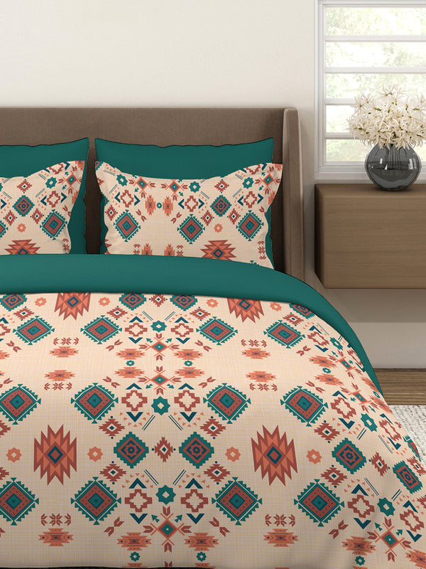 BasicX 100% Cotton 120 TC Beige Ethnic Double Size Bedsheet with 2 Pillow Covers
