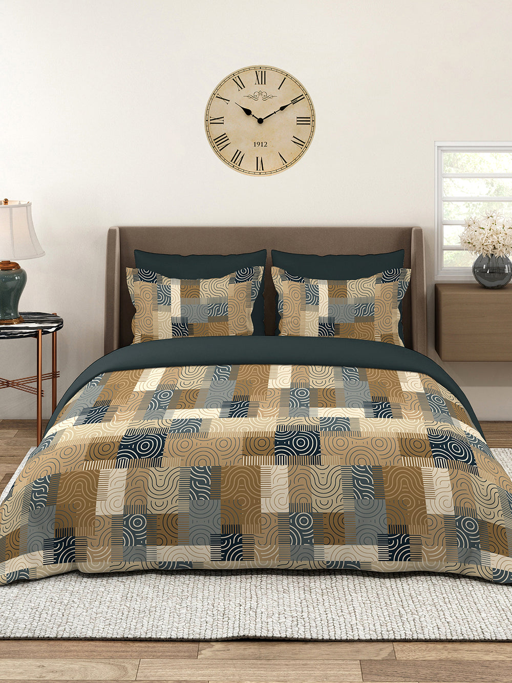 BasicX 100% Cotton 120 TC Brown Geometrical Double Size Bedsheet with 2 Pillow Covers