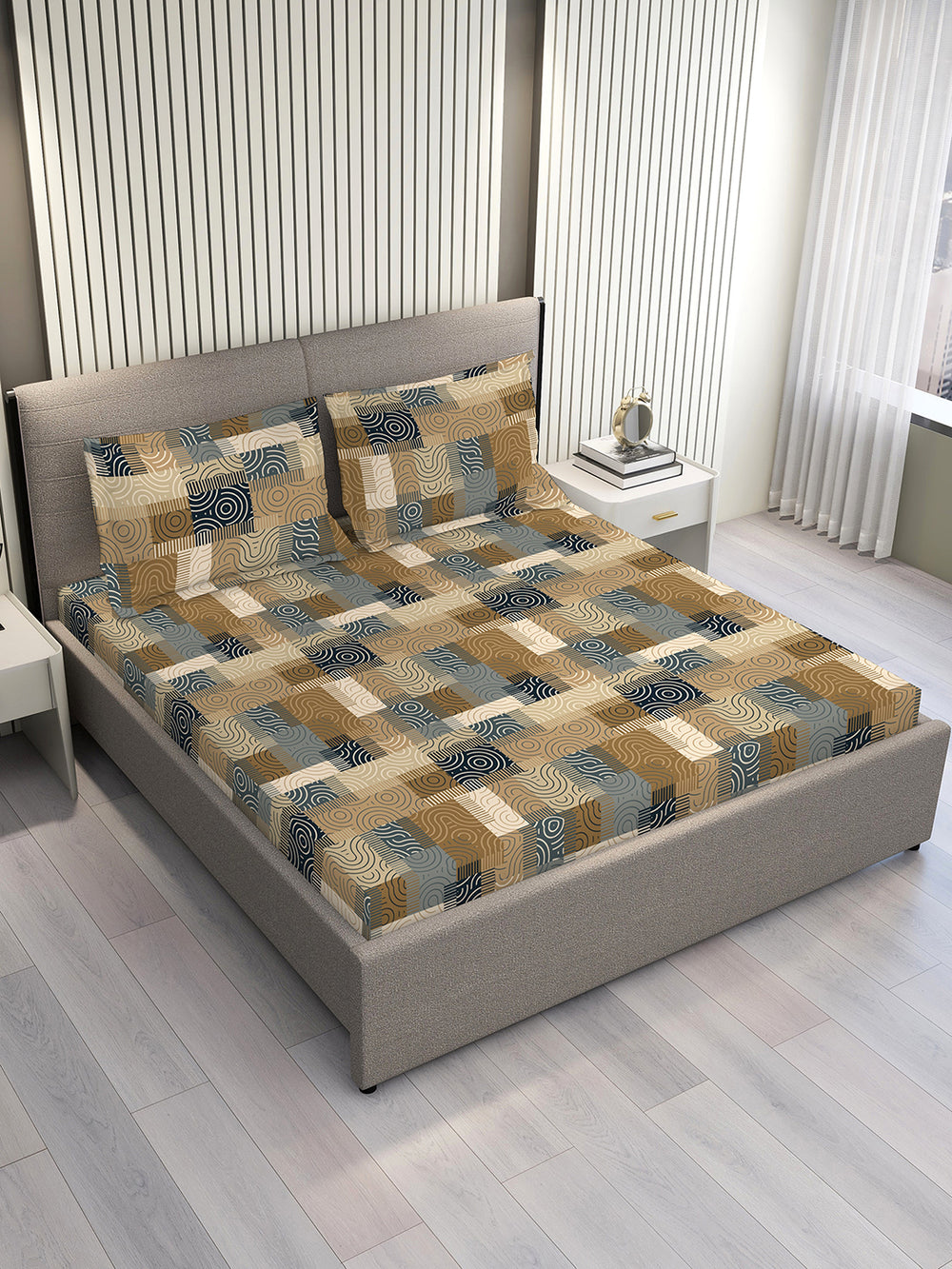 BasicX 100% Cotton 120 TC Brown Geometrical Double Size Bedsheet with 2 Pillow Covers