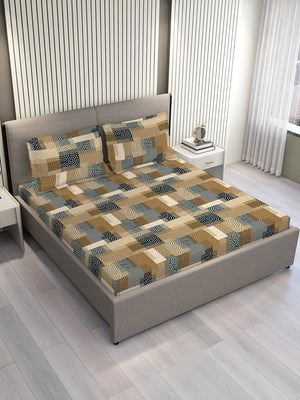BasicX 100% Cotton 120 TC Brown Geometrical Double Size Bedsheet with 2 Pillow Covers