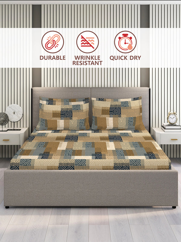 BasicX 100% Cotton 120 TC Brown Geometrical Double Size Bedsheet with 2 Pillow Covers