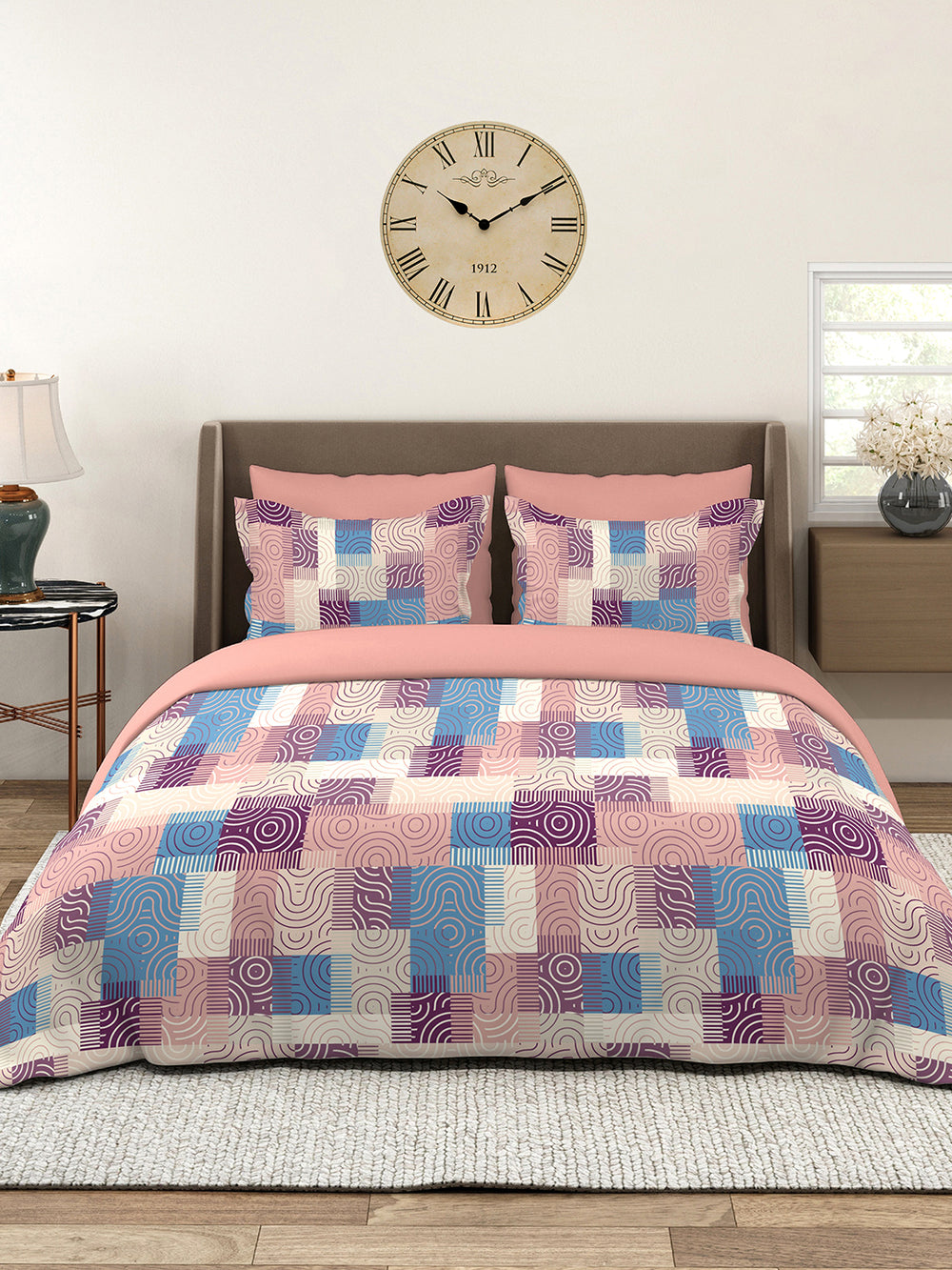 BasicX 100% Cotton 120 TC Pink Geometrical Double Size Bedsheet with 2 Pillow Covers