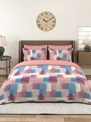Basicx 100% Cotton 120 TC Pink Geometrical 1 Double Size Bedsheet with 2 Pillow Covers