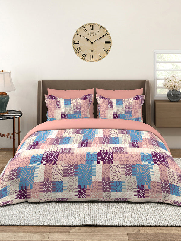Basicx 100% Cotton 120 TC Pink Geometrical 1 Double Size Bedsheet with 2 Pillow Covers