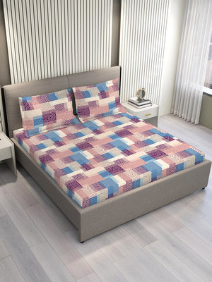 Basicx 100% Cotton 120 TC Pink Geometrical 1 Double Size Bedsheet with 2 Pillow Covers
