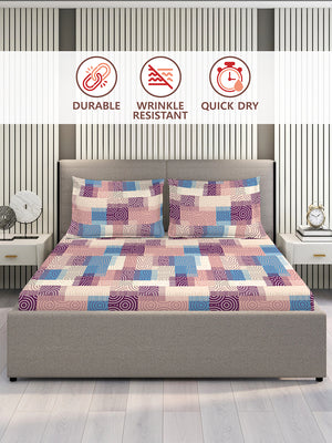Basicx 100% Cotton 120 TC Pink Geometrical 1 Double Size Bedsheet with 2 Pillow Covers