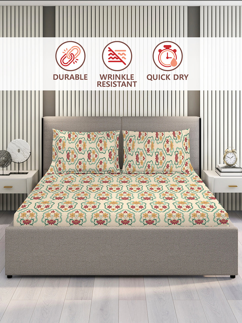 Basicx 100% Cotton 120 TC Beige Floral 1 King Size Bedsheet with 2 Pillow Covers