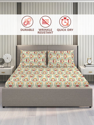 Basicx 100% Cotton 120 TC Beige Floral 1 King Size Bedsheet with 2 Pillow Covers