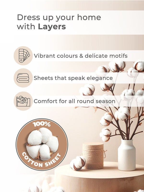 Basicx 100% Cotton 120 TC Beige Floral 1 King Size Bedsheet with 2 Pillow Covers