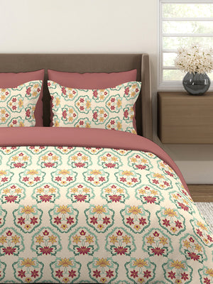 Basicx 100% Cotton 120 TC Beige Floral 1 King Size Bedsheet with 2 Pillow Covers