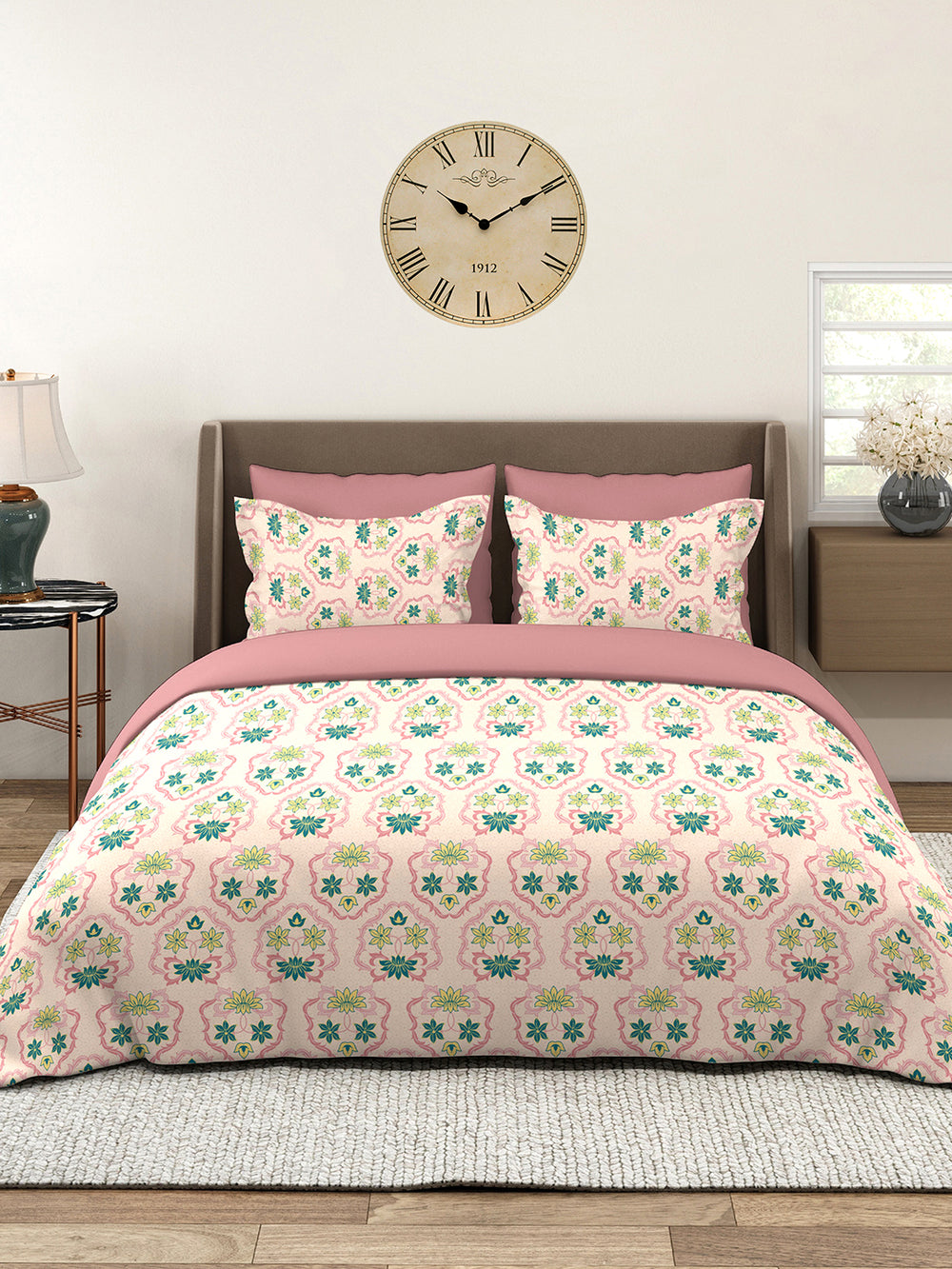 Basicx 100% Cotton 120 TC Pink Floral 1 King Size Bedsheet with 2 Pillow Covers