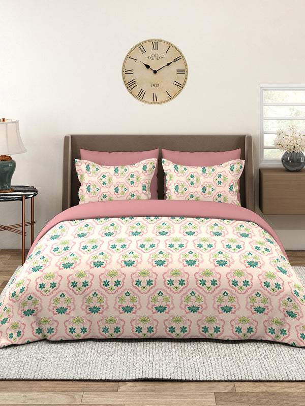 Basicx 100% Cotton 120 TC Pink Floral 1 King Size Bedsheet with 2 Pillow Covers
