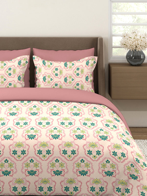 Basicx 100% Cotton 120 TC Pink Floral 1 King Size Bedsheet with 2 Pillow Covers