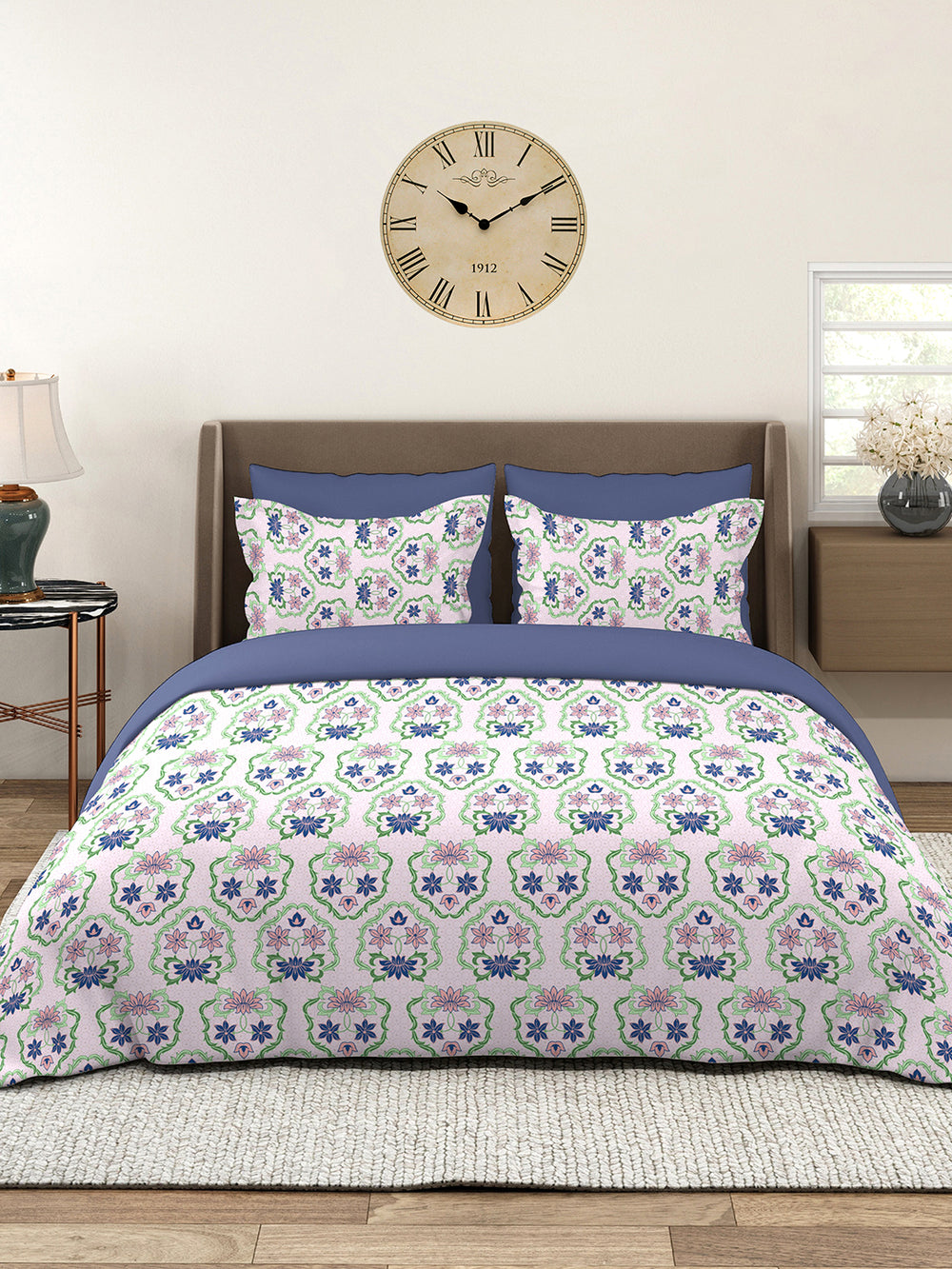 BasicX 100% Cotton 120 TC Purple Floral 1 King Size Bedsheet with 2 Pillow Covers