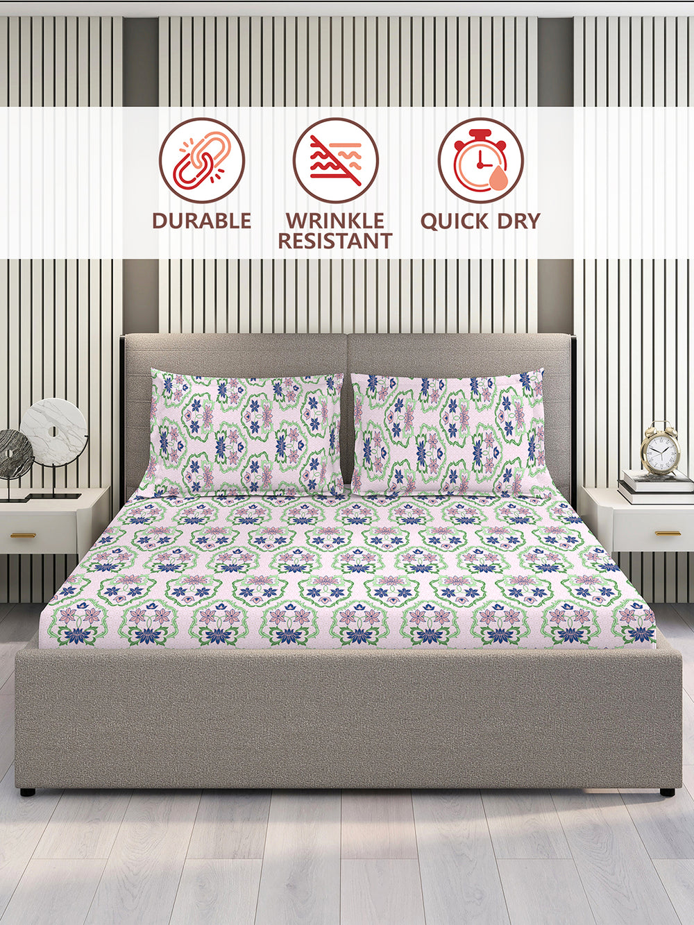 BasicX 100% Cotton 120 TC Purple Floral 1 King Size Bedsheet with 2 Pillow Covers