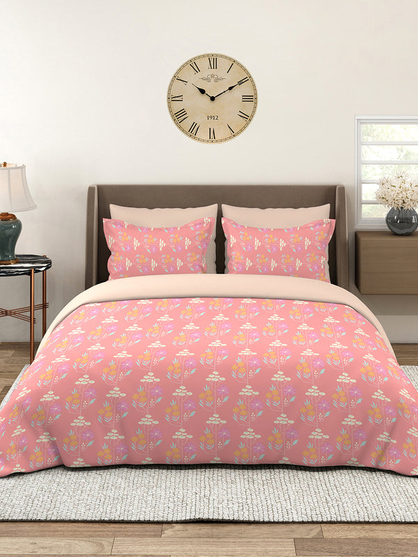 BasicX 100% Cotton 120 TC Pink Floral 1 King Size Bedsheet with 2 Pillow Covers