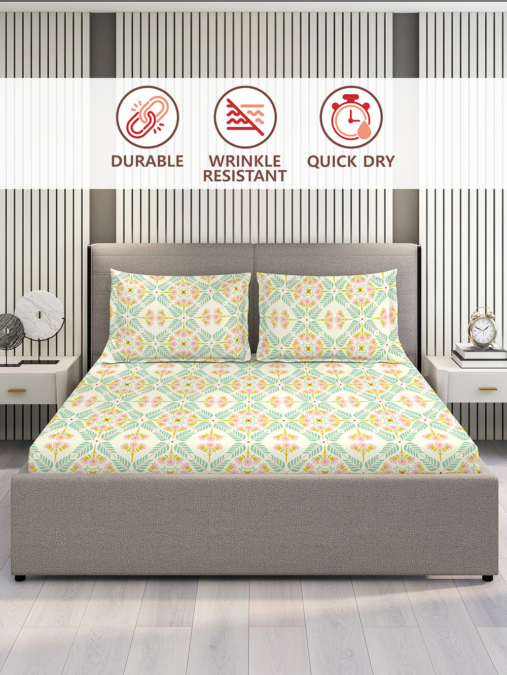 BasicX 100% Cotton 120 TC Multicolor Floral King Size Bedsheet with 2 Pillow Covers