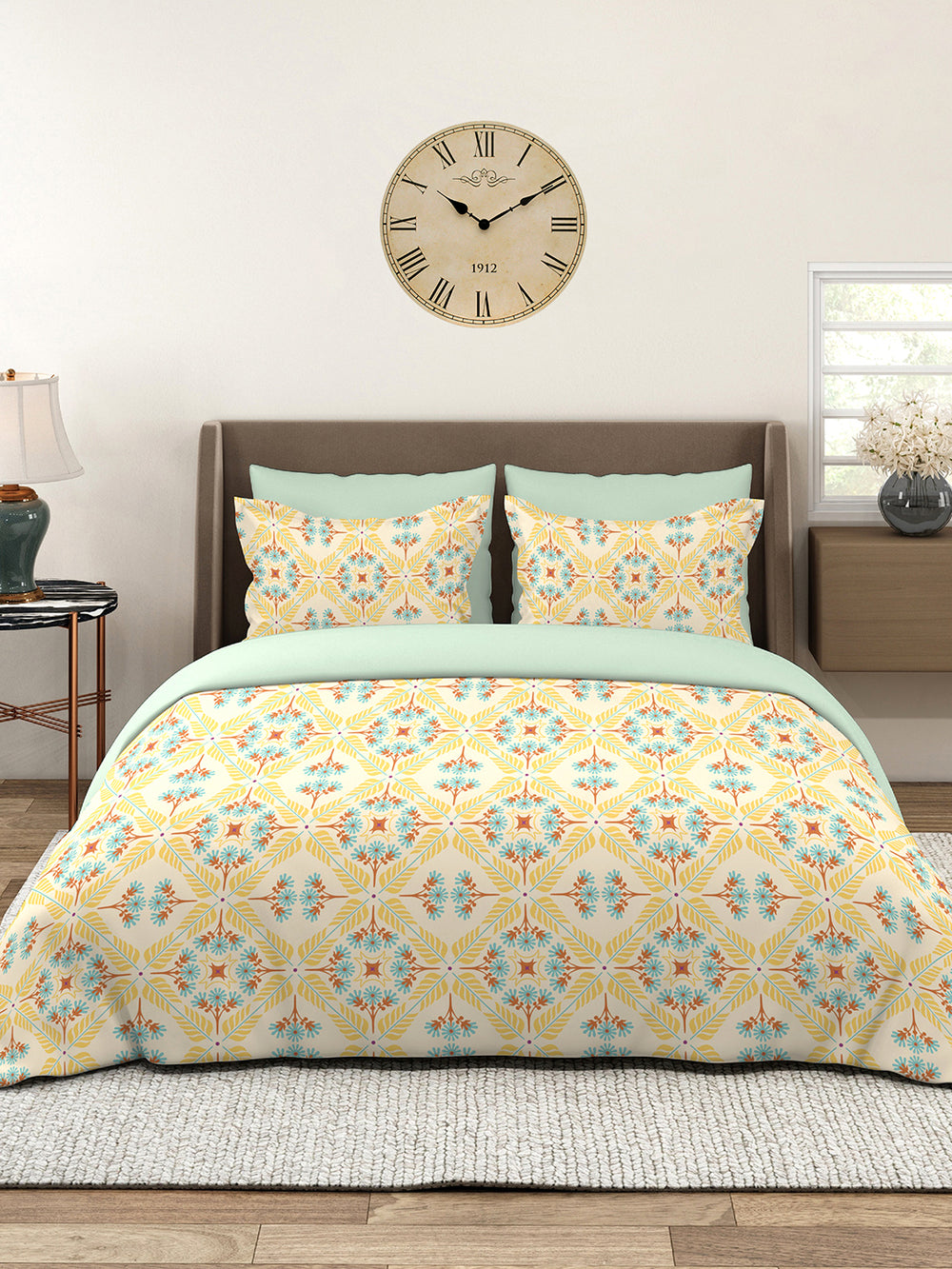 BasicX 100% Cotton 120 TC Yellow Floral King Size Bedsheet with 2 Pillow Covers