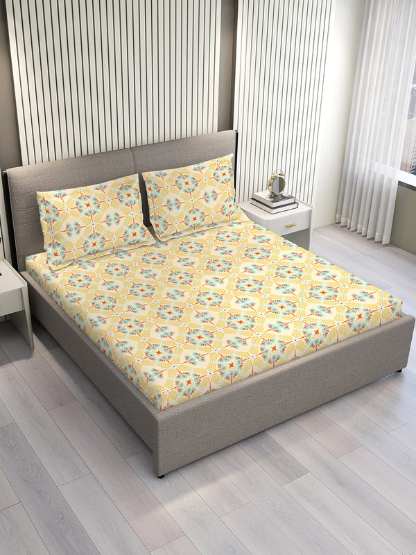 BasicX 100% Cotton 120 TC Yellow Floral King Size Bedsheet with 2 Pillow Covers