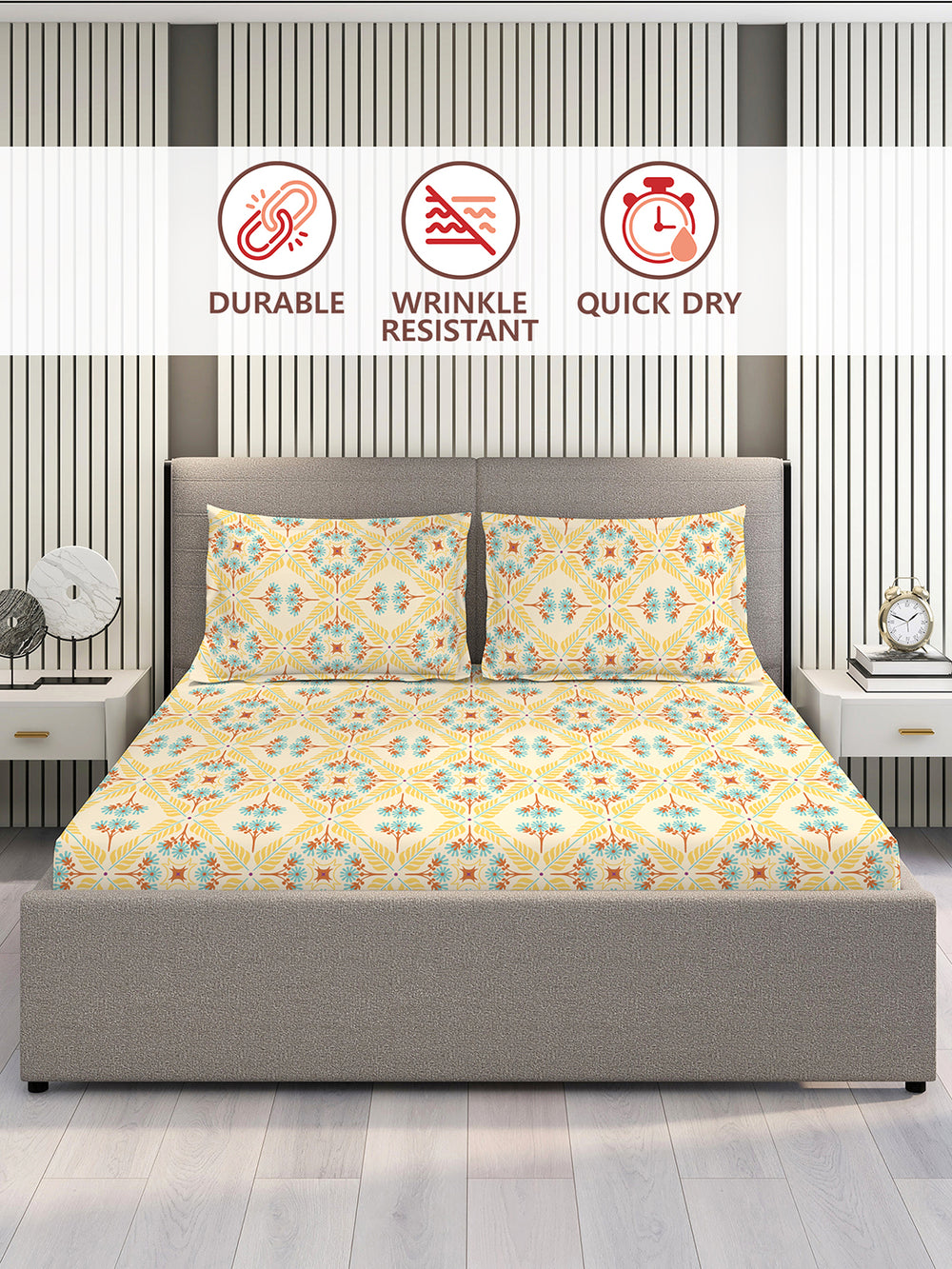 BasicX 100% Cotton 120 TC Yellow Floral King Size Bedsheet with 2 Pillow Covers