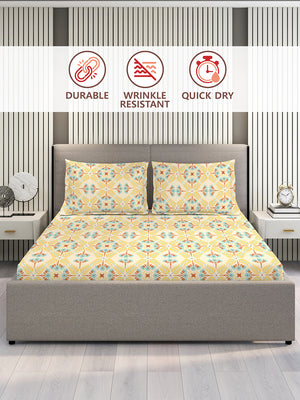 BasicX 100% Cotton 120 TC Yellow Floral King Size Bedsheet with 2 Pillow Covers