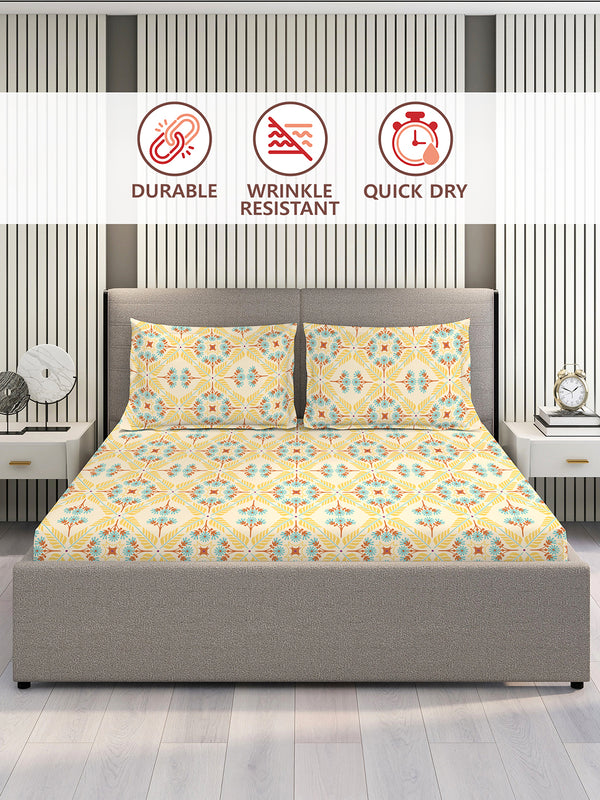 BasicX 100% Cotton 120 TC Yellow Floral King Size Bedsheet with 2 Pillow Covers