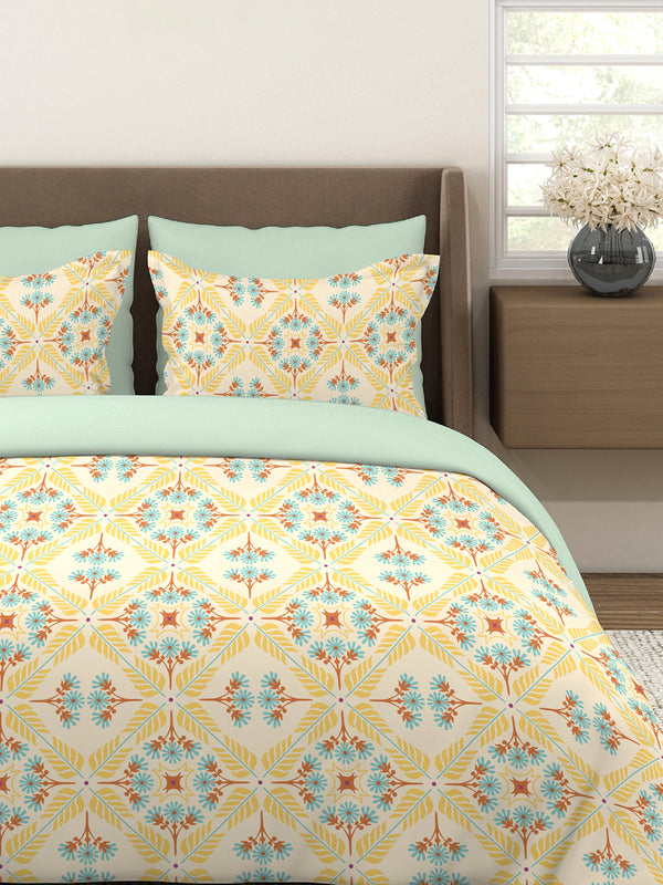 BasicX 100% Cotton 120 TC Yellow Floral King Size Bedsheet with 2 Pillow Covers