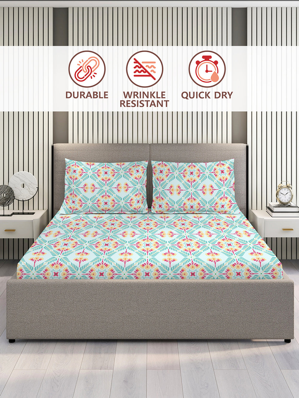 BasicX 100% Cotton 120 TC Blue Floral King Size Bedsheet with 2 Pillow Covers