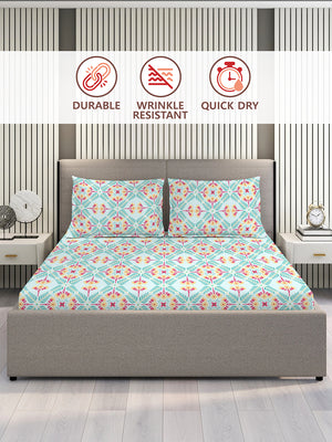 BasicX 100% Cotton 120 TC Blue Floral King Size Bedsheet with 2 Pillow Covers