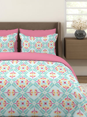 BasicX 100% Cotton 120 TC Blue Floral King Size Bedsheet with 2 Pillow Covers