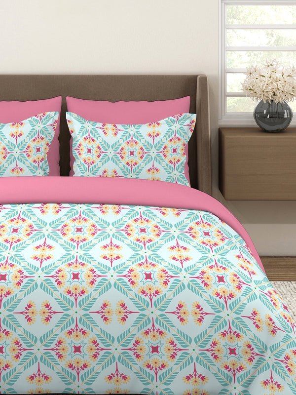 BasicX 100% Cotton 120 TC Blue Floral King Size Bedsheet with 2 Pillow Covers