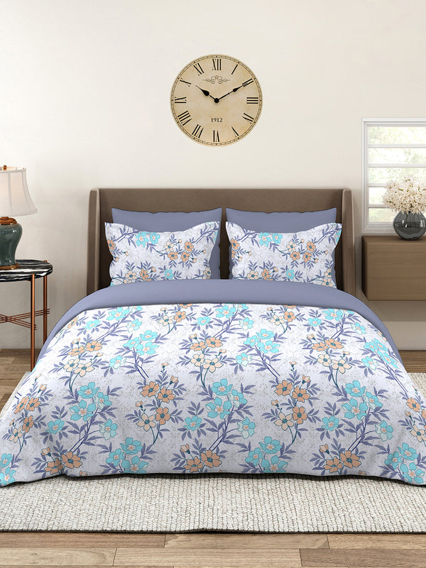 Basicx 100% Cotton 120 TC Blue Floral 1 King Size Bedsheet with 2 Pillow Covers