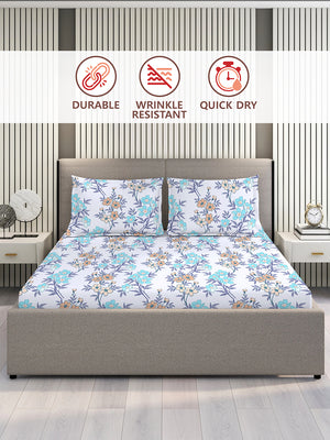 Basicx 100% Cotton 120 TC Blue Floral 1 King Size Bedsheet with 2 Pillow Covers