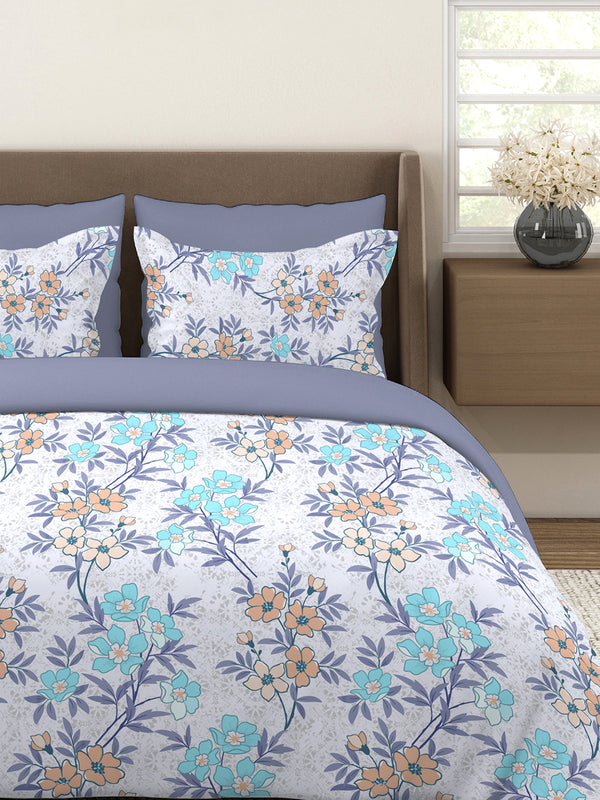 Basicx 100% Cotton 120 TC Blue Floral 1 King Size Bedsheet with 2 Pillow Covers