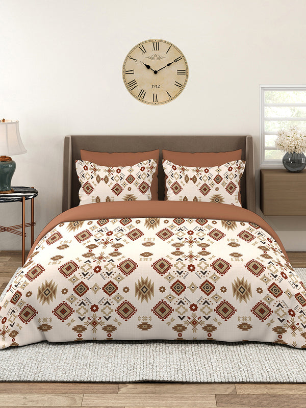 Basicx 100% Cotton 120 TC Beige Brown Ethnic 1 King Size Bedsheet with 2 Pillow Covers