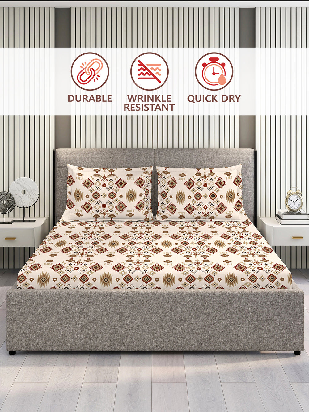 BasicX 100% Cotton 120 TC Beige Brown Ethnic King Size Bedsheet with 2 Pillow Covers