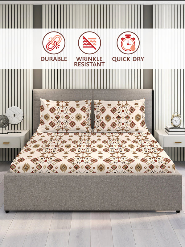 Basicx 100% Cotton 120 TC Beige Brown Ethnic 1 King Size Bedsheet with 2 Pillow Covers