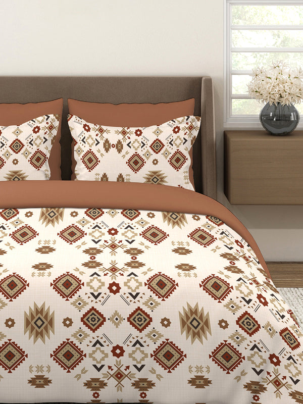 Basicx 100% Cotton 120 TC Beige Brown Ethnic 1 King Size Bedsheet with 2 Pillow Covers