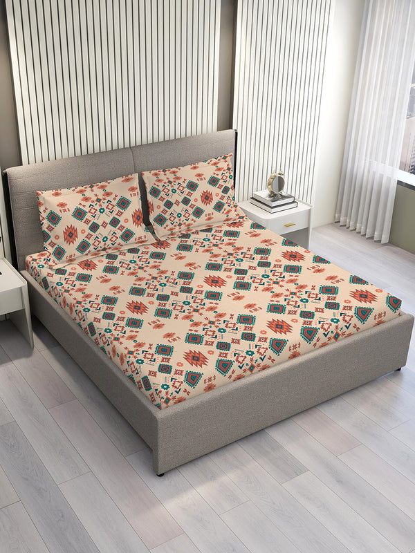 Basicx 100% Cotton 120 TC Beige Ethnic 1 King Size Bedsheet with 2 Pillow Covers