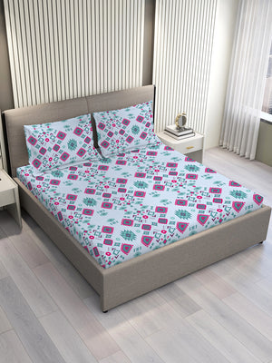 BasicX 100% Cotton 120 TC Blue Ethnic King Size Bedsheet with 2 Pillow Covers