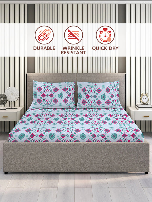 BasicX 100% Cotton 120 TC Blue Ethnic King Size Bedsheet with 2 Pillow Covers