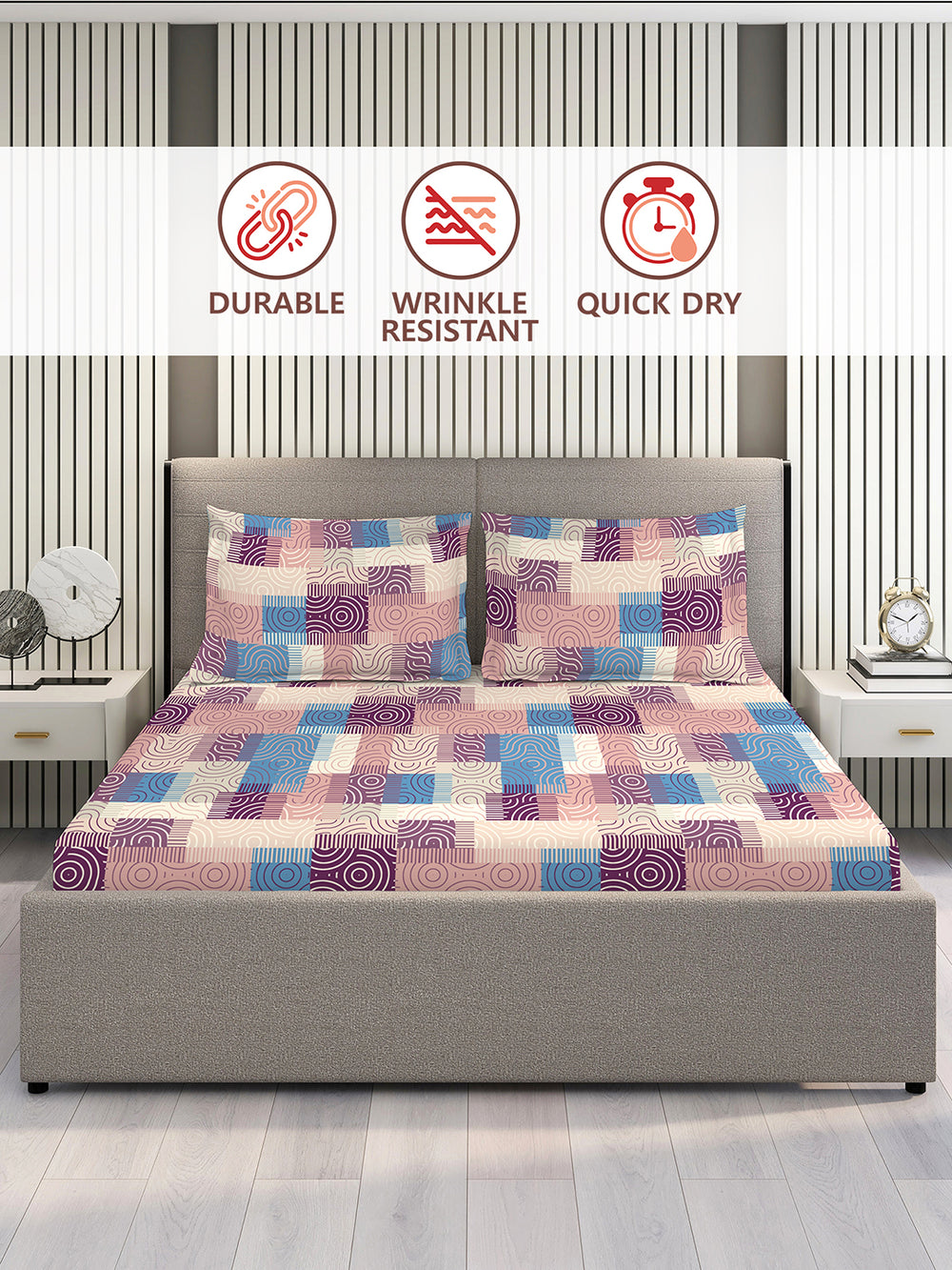 BasicX 100% Cotton 120 TC Pink Geometrical King Size Bedsheet with 2 Pillow Covers