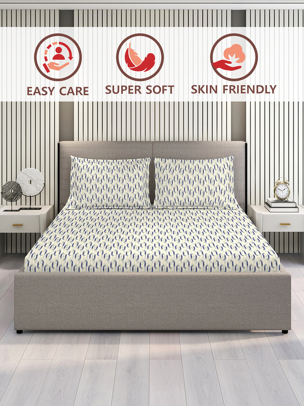 Lumina Floret 100% Cotton 144 TC Grey Geometrical Double Size Bedsheet with 2 Pillow Covers