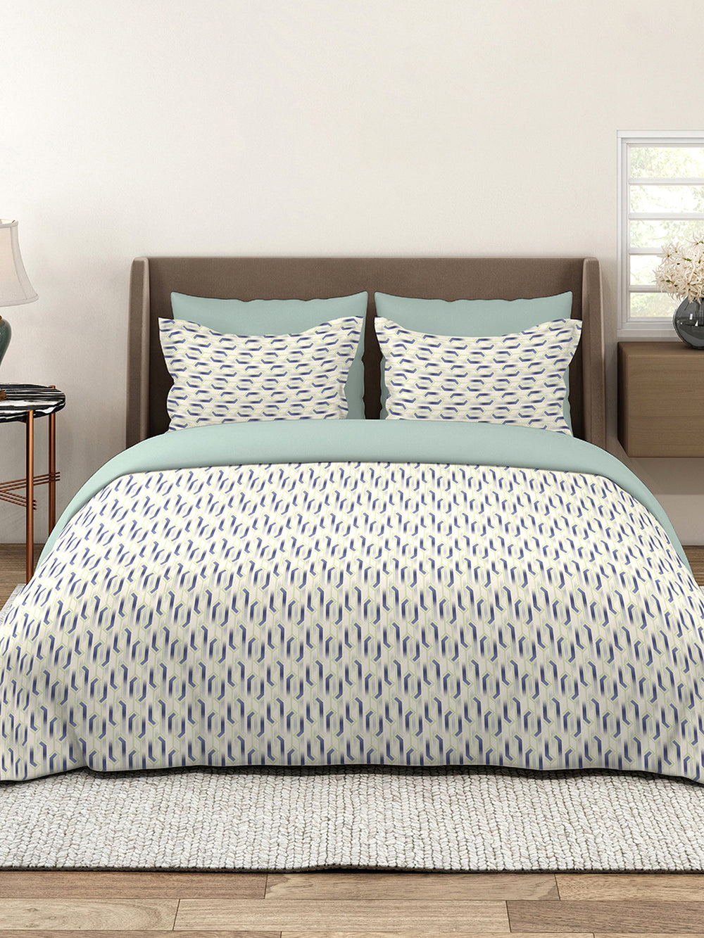 Lumina Floret 100% Cotton 144 TC Grey Geometrical Double Size Bedsheet with 2 Pillow Covers