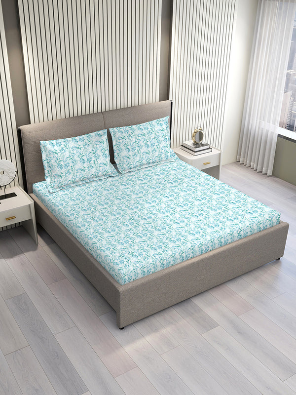 Lumina Floret 100% Cotton 144 TC Blue Floral 1 Double Size Bedsheet with 2 Pillow Covers