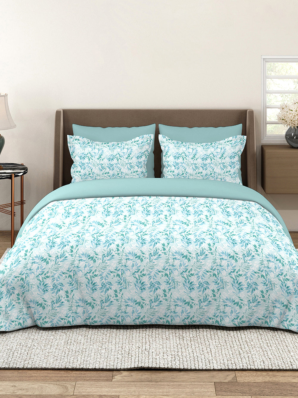 Lumina Floret 100% Cotton 144 TC Blue Floral Double Size Bedsheet with 2 Pillow Covers