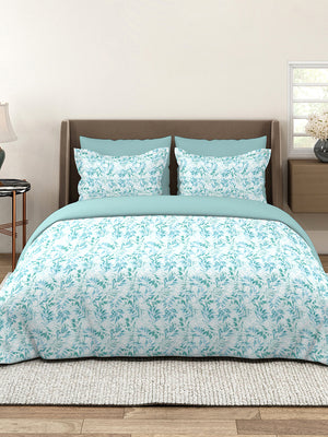 Lumina Floret 100% Cotton 144 TC Blue Floral 1 Double Size Bedsheet with 2 Pillow Covers