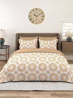Home Easy 100% Cotton 144 TC White Beige Ethnic 1 Double Size Bedsheet with 2 Pillow Covers